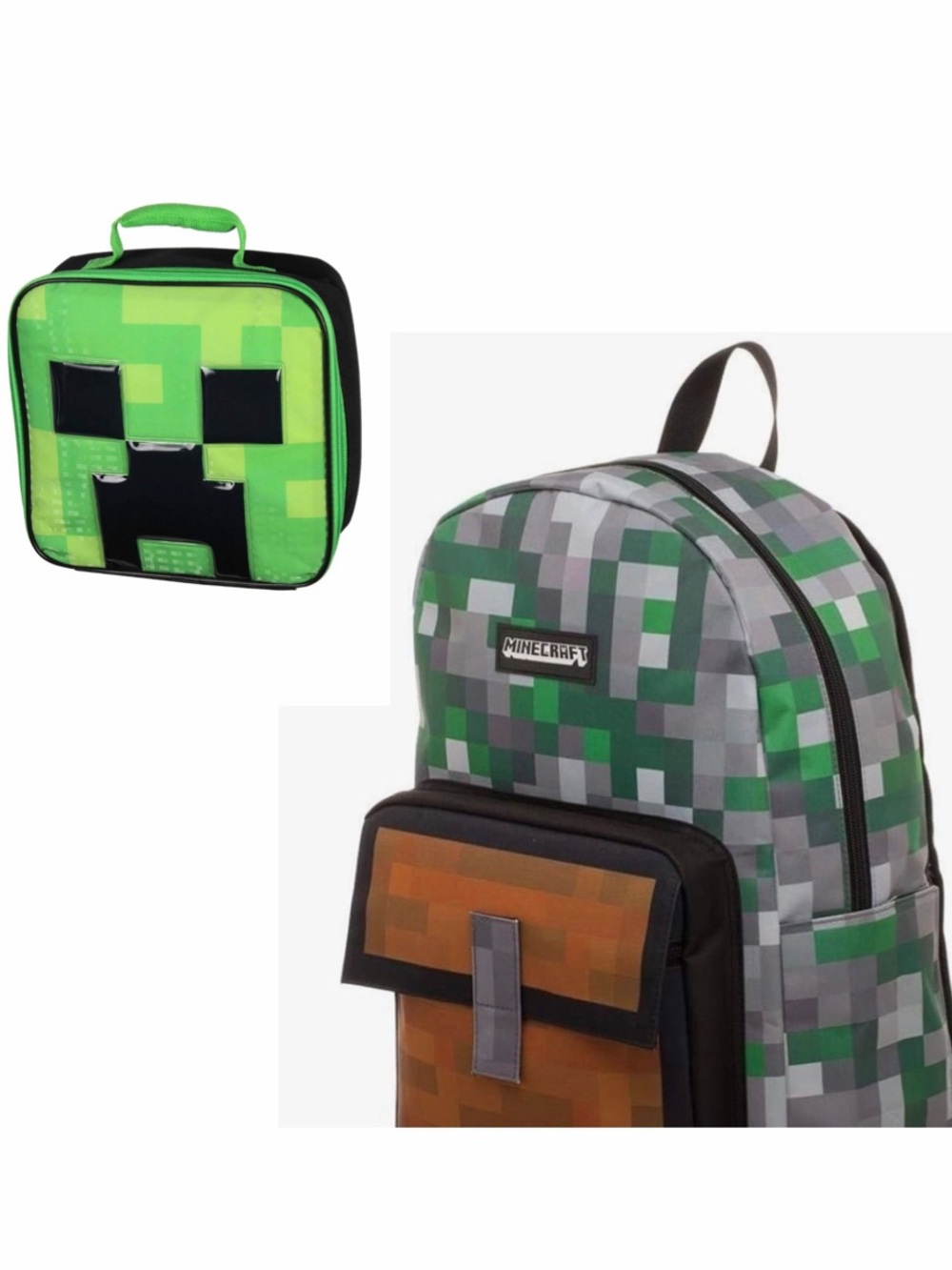 Minecraft Pixel-Print Green Backpack with Lunch Bag